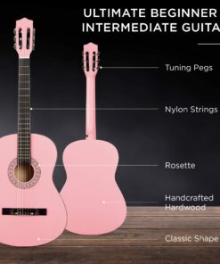 Best Choice Products 38in Beginner All Wood Acoustic Guitar Starter Kit w/Gig Bag, Digital Tuner, 6 Celluloid Picks, Nylon Strings, Capo, Cloth, Strap w/Pick Holder - Pink 24 81PFYLaA3 L