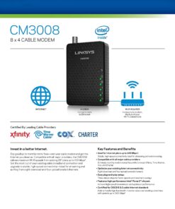 Linksys DOCSIS 3.0 8x4 Cable Modem Certified with Comcast Xfinity, Spectrum, Cox (CM3008) 343 Mbps (8x faster) 20 81PFmN3oPqL