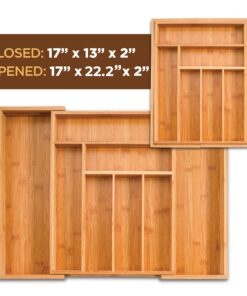 Expandable Bamboo Silverware Organizer - Kitchen Drawer Organizer, Utensil Holder - Drawer Organization and Storage in Kitchen, Bathroom or Bedroom, 17” Long, Adjustable from 13” - 22.2” Wide, 2” Deep 24 81PH3S4Up2L