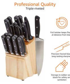 Amazon Basics 9-Piece Premium Kitchen High-Carbon Stainless-Steel Blades with Pine Wood Knife Block Set, Black Traditional Handle Design 16 81PHEORBveL
