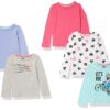 Amazon Essentials Girls and Toddlers' Long-Sleeve T-Shirts (Previously Spotted Zebra), Multipacks 5 Blue Cat Print/Grey Racing/Pink/Purple/White Hearts X-Small 6 81PIM TPqS