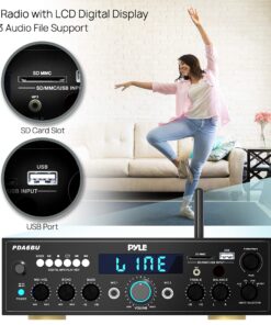 Pyle PDA6BU.5 Compact Bluetooth Stereo Amplifier - Desktop Audio Power Amp Receiver with FM Radio, MP3/USB/SD Readers, Digital LCD Display, Microphone Input (200 Watt), Black 28 81PXLsGZUL