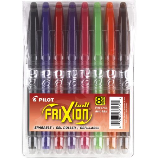 Pilot, FriXion Ball Erasable & Refillable Gel Ink Pens, Fine Point 0.7 mm, Pack of 8, Assorted Colors 8 Count (Pack of 1)