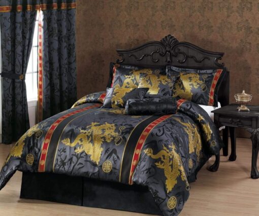 Chezmoi Collection 7-Piece Black Gold Red Palace Dragon Jacquard Comforter Set, Queen Size Gold/Red