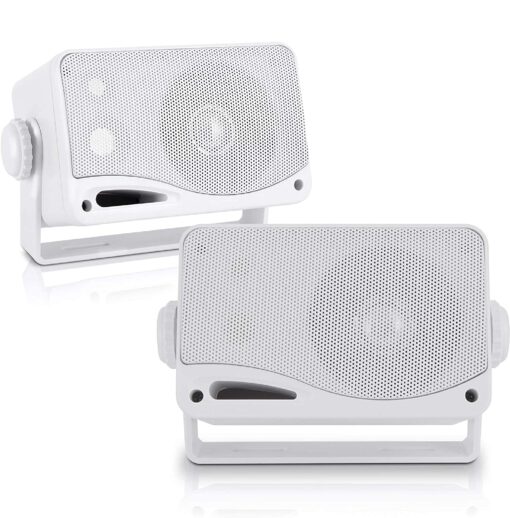 Pyle 3-Way Weatherproof Outdoor Speaker Set - 3.5 Inch 200W Pair of Marine Grade Mount Speakers - in a Heavy Duty ABS Enclosure Grill - Home, Boat, Poolside, Patio, Indoor Outdoor Use -PLMR24 (White) Standard Packaging