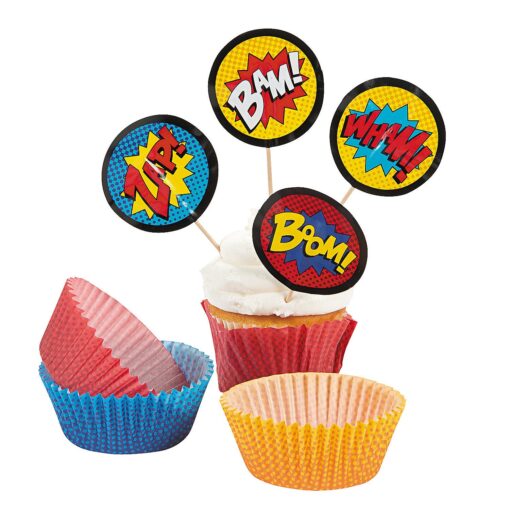 Fun Express - Superhero Baking Cups W/picks - Party Supplies - Serveware & Barware - Misc Serveware & Barware - 100 Pieces