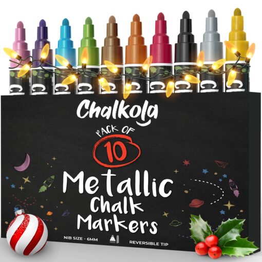 Metallic Chalk Markers (10 Pack) Liquid Chalk Pens - For Blackboards, Chalkboard, Bistro Menu, Window - Wet Wipe Erasable - 6mm Reversible Bullet & Chisel Tip Bold Tip - 6mm