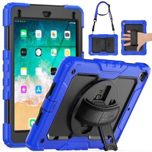 SEYMAC iPad 6th/5th Generation Case iPad 9.7 Case, Full-Body Shockproof Heavy Duty Protective Case with Screen Protector, Rotating Stand/Hand/Shoulder Strap for iPad 6th/ 5th / Air 2/ Pro 9.7, Blue Black/ Dark Blue 9.7 inch - For iPad 6th/5th Gen