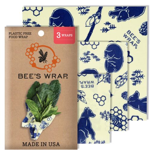 Bee's Wrap Reusable Beeswax Food Wraps Made in the USA, Eco Friendly Beeswax Food Wrap, Sustainable Food Storage Containers, Organic Cotton Food Wraps, Assorted 3 Pack (S, M, L), Bees + Bears Pattern