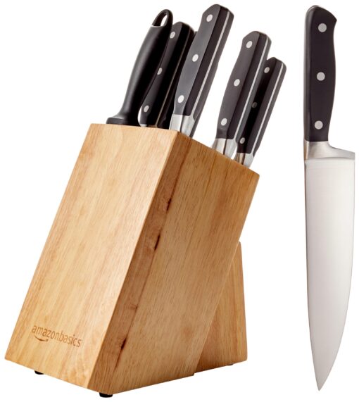 Amazon Basics 9-Piece Premium Kitchen High-Carbon Stainless-Steel Blades with Pine Wood Knife Block Set, Black Traditional Handle Design