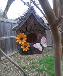 Dawhud Direct Hanging Bird Houses for Outside, Hand-Painted Bird Houses for Outdoors Decorative Birdhouses (Butterfly and Flowers Welcome) Butterfly and Flowers Welcome 27 81Q9zvr74NL