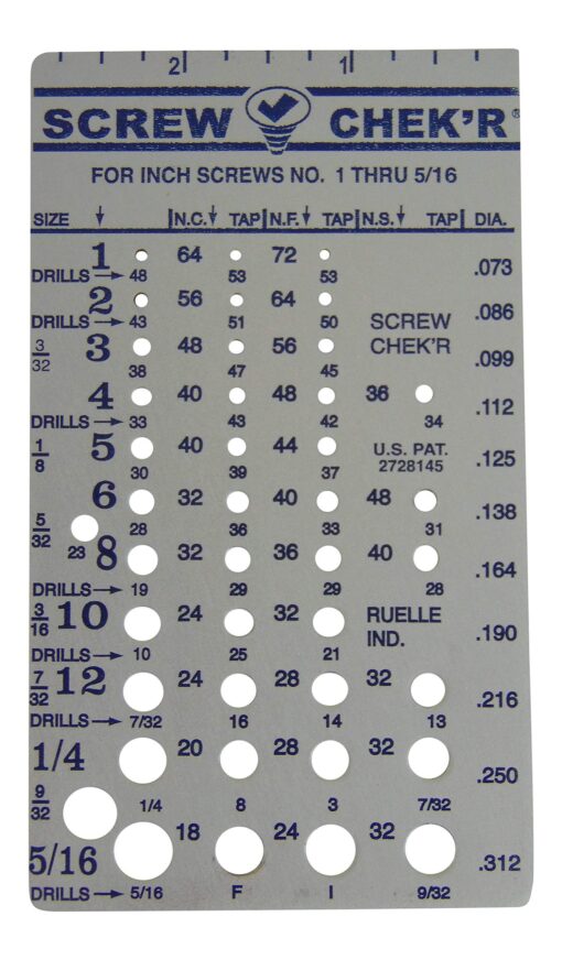 Ruelle Screw Chek’r SAE/ Inch Screw Thread Size Gauge (No. 1 to 5/16) 1/8 Inch Heavy Gauge Steel Screw Checker, Made in USA