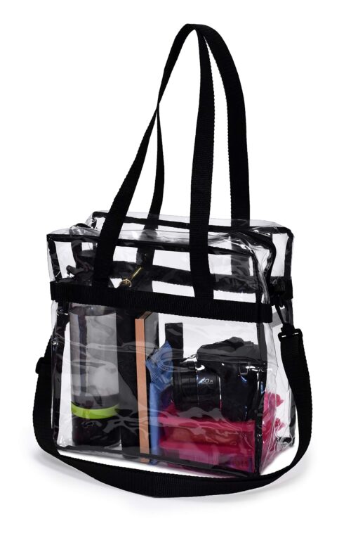 Clear Tote Bag Stadium Approved - Handles, Shoulder Strap, Zipper Closure. Black