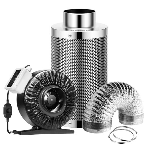 VIVOSUN 4 Inch 203 CFM Inline Fan with Speed Controller and Leather Sheath, 4 Inch Carbon Filter and 8 Feet of Ducting, Air Filtration Combo for Grow Tent Ventilation Silver