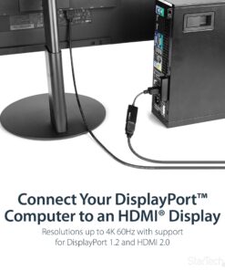 Alternative view of StarTech.com DisplayPort to HDMI Adapter - 4K 60Hz Active DP 1.4 to HDMI 2.0 Video Converter - DP to HDMI Monitor/TV/Display Cable Adapter Dongle - Latching DP Connector (DP2HD4K60S), Black