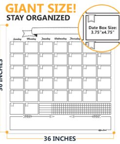 Jumbo Dry Erase Laminated Wall Calendar, Huge 36 Inch by 36 Inch Size, Monthly Planner for Home Office Classroom, Goal Tracker, Reusable PET Film, Never Folded, Includes 5 Markers, 8 Tacks, 1 Eraser white 36 x 36 - 1 month Artsy 16 81QQmHkYQ7L