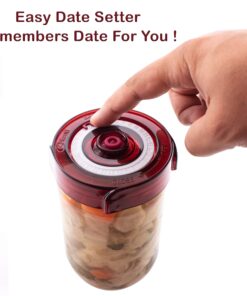 Fermenting Lids for wide mouth mason jars. 4 waterless airlock fermentation lids kit. Easy Grip fermenter lid with Oxygen Pump automatically Vents air. Tracks ferment date. (4 Lids + Pump) 29 81QYUlI5 fL