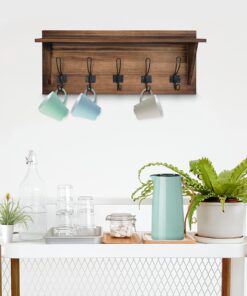 Rustic Wall Mounted Coat Rack Shelf - Brown Wooden Country Style 24" Entryway Shelf with 5 Rustic Hooks - Solid Pine Wood. Perfect touch for your Entryway, Mudroom, Kitchen, Bathroom and More (Brown) 1- Rustic Brown 24 81Qb1lO3fyL