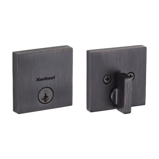 Kwikset Venetian Bronze 92580-006 258 Downtown Low Profile Slim Square Modern Contemporary Single Cylinder Deadbolt Door Lock Featuring SmartKey Security eCommerce_Packaging