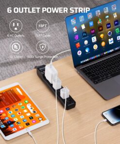 Alternative view of DEWENWILS 6-Outlet Power Strip Surge Protector, 15FT Long Extension Cord, Low Profile Flat Plug, 15 Amp Circuit Breaker, 500 Joules, Wall Mount, Black, UL Listed