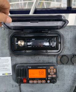 Pyle Water Resistant Marine Stereo Cover - Smoke Colored Heavy Duty Boat Radio Protector Shield with Flip-up Door & Spring Loaded Release - Mounting Gasket Included - Pyle PLMRCB1 Black Standard Packaging 27 81QrgW1npYL 2