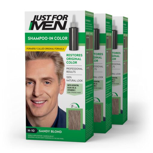 Just For Men Shampoo-In Color (Formerly Original Formula), Mens Hair Color with Keratin and Vitamin E for Stronger Hair - Sandy Blond, H-10, Pack of 3 1 Count (Pack of 3) Sandy Blond H-10