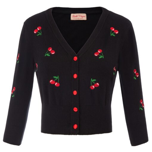 Belle Poque Women's 3/4 Sleeve V-Neck Button Down Cherries Embroidery Cropped Cardigan Sweater Coat Black Large