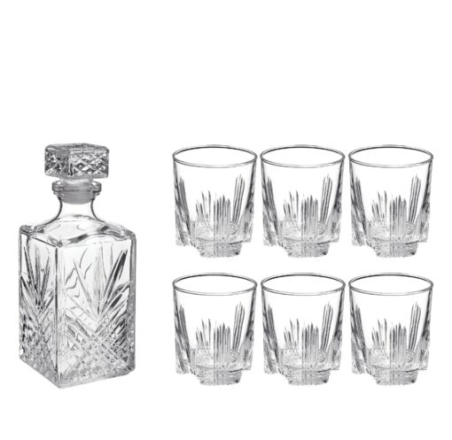 Bormioli Rocco Selecta Collection Whiskey Gift Set – Sophisticated Etched 33.75oz Decanter & 6 9.5oz Glass Tumblers With Starburst Detailing – For Whiskey, Bourbon, Scotch & Liquor 7 Piece Set Standard Packaging