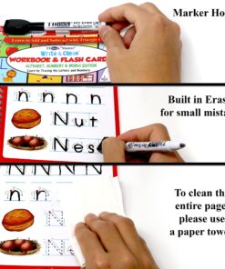 Think2Master Write & Clean Laminated Workbook & Flash Cards - Alphabet, Numbers & Words Reusable Book for PreK & Kindergarten. (1 Dry Erase Marker, 2 Rings). Learn to Read & Write, Count & Add 14 81R O4Y33iL