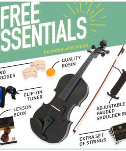 Mendini By Cecilio Violin For Kids & Adults - 4/4 MV Metallic Black Violins, Student or Beginners Kit w/Case, Bow, Extra Strings, Tuner, Lesson Book - Stringed Musical Instruments 4/4 (Full Size) 15 81R0paZsl9L