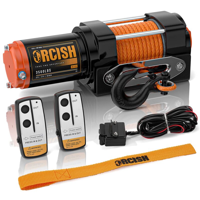 ORCISH 12V 3500LBS Waterproof Electric Winch, Synthetic Rope ATV/UTV/Truck Winch Kit for Towing, Off Road Portable Trailer Winch with Both Wireless Handheld Remote and Corded Control Recovery 3500LBS Synthetic Rope