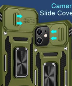 DEERLAMN for iPhone 12 Case,iPhone 12 Pro Case with Slide Camera Cover+Screen Protector(2 Packs),Rotated Ring Kickstand Military Grade Shockproof Protective Cover-Olive Green iPhone 12/12 Pro 6.1 Olive Green 12 81R8zTySXOL