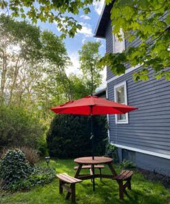 Giantex 6 Person Wooden Picnic Table Set with Wood Bench, with Umbrella Hold Design, Perfect for Outdoor Garden Yard Pub Beer Dining, Dark Brown 67"L×67" W×27.5" 28 81RrSLpbghL
