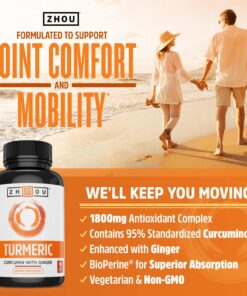 Zhou Turmeric Curcumin and Ginger with Bioperine 1800 mg | Extra Strength Antioxidant for Maximum Joint Comfort and Mobility | Non-GMO | 30 Servings, 90 Veggie Caps 15 81S ggmeL