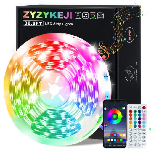 zyzykeji 32.8ft Led Lights for Bedroom, 5050 RGB Strip Music Sync Color Changing with Remote and App Control Strips, Room Home TV Party Decoration