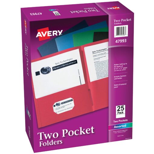 Avery 47993 Two-Pocket Folder, 40-Sheet Capacity, Assorted Colors (Box of 25) 25 pack