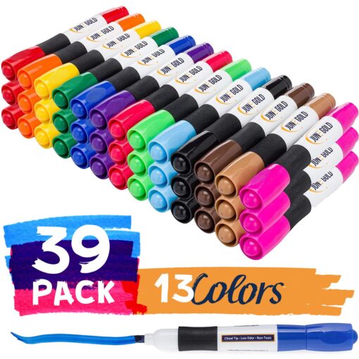 June Gold 39 Assorted Colored Dry Erase Whiteboard Markers, 13 Unique Colors, Chisel Tip, Low Odor, Comfortable Grip & Vivid Lines 39 Colored Chisel Tip Markers