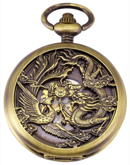 Carrie Hughes Antique Mechanical Pocket Watches for Men Lucky Dragon Phoenix Skeleton Roman Numberals with Chain and Box CH223