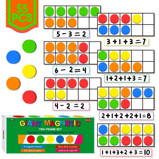 SpriteGru Magnetic Ten-Frame Set, Including 5 Frames (no Hollowed Out) and 55 Colorful Discs (Upgraded Version for Fridge & Hand-held) 55Pcs Standard Edition