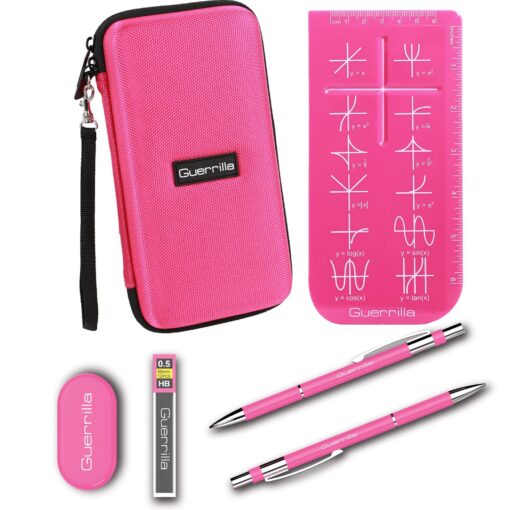 Guerrilla Hard Travel Case for TI-83 Plus, TI-84 Plus, TI-84 Plus Color Edition, TI-89 Titanium, TI-Nspire CX&CX CAS, HP50G Graphing Calculators + Guerrilla's Essential Calculator Accessory Kit, Pink