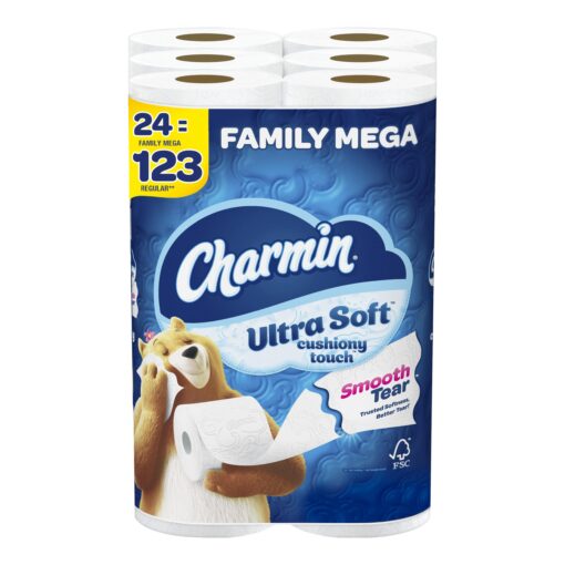 Charmin Ultra Soft Cushiony Touch Toilet Paper, 24 Family Mega Rolls = 123 Regular Rolls (Packaging May Vary) 24 Count (Pack of 1)