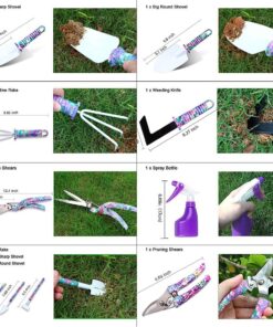 Garden Tools Set, JUMPHIGH 10 Pieces Gardening Tools with Purple Floral Print, Ergonomic Handle Trowel Rake Weeder Pruner Shears Sprayer, Garden Hand Tools with Carrying Case Gardening Gifts for Women 24 81Sw4t tUVL