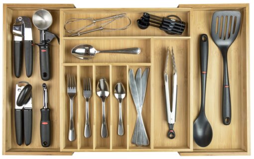 KitchenEdge Premium Silverware, Flatware and Utensil Organizer for Kitchen Drawers, Expandable to 28 Inches Wide, 10 Compartments, 100% Bamboo From 16" to 28" wide Natural Bamboo