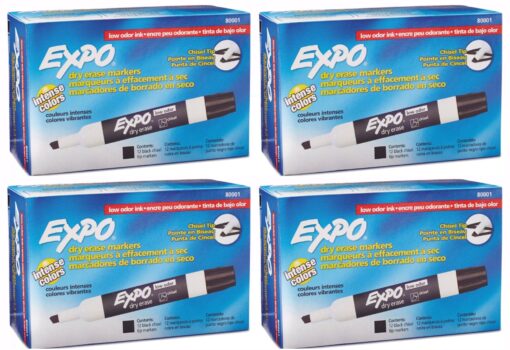 EXPO 80001 Low Odor Chisel Point Dry Erase Markers, Black, 12 Units per Box, Pack of 4 Boxes, 48 Markers Total