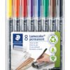 Staedtler Lumocolor Universal Pen, Fine, Felt Tip, Permanent Marker, Box of 8 Assorted Color Pens, 0.6mm 318 WP8, Multicolour, pack of 8 (318 WP8 ST) 8 Count (Pack of 1) Fine Tip Assorted Colours 10 81UI9SQWP8L