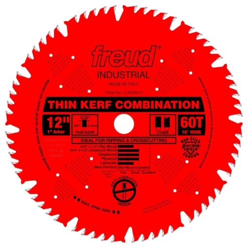 Freud LU83R012: 12" x 60T Thin Kerf Combination Blade 12-Inch 60 Tooth ATB Thin Kerf Combination Saw Blade with 1-Inch Arbor and PermaShield Coating