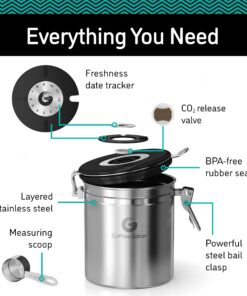 Coffee Gator Stainless Steel Canister - Medium 16oz, Silver Coffee Grounds and Beans Container with Date-Tracker, CO2-Release Valve, and Measuring Scoop - Ideal Coffee Lovers Gifts for Her 16 81USnJX PDL 3