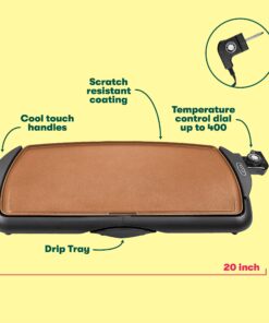 BELLA Electric Ceramic Titanium Griddle, Make 10 Eggs At Once, Healthy-Eco Non-stick Coating, Hassle-Free Clean Up, Large Submersible Cooking Surface, 10.5" x 20", Copper/Black 10.5" x 20" 28 81UVkI7kkL