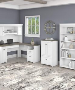 Alternative view of Bush FV011G2W 60-Inch L-Shaped Desk w/Hutch 5-Shelf Bookcase, Storage Shiplap Gray/Pure White