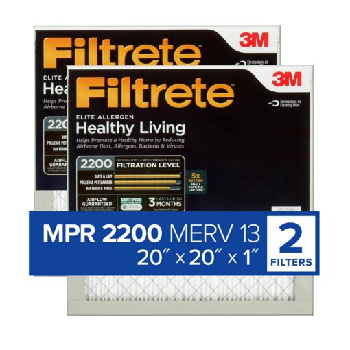 Filtrete 20x20x1 Air Filter, MPR 2200, MERV 13, Healthy Living Elite Allergen 3-Month Pleated 1-Inch Air Filters, 2 Filters